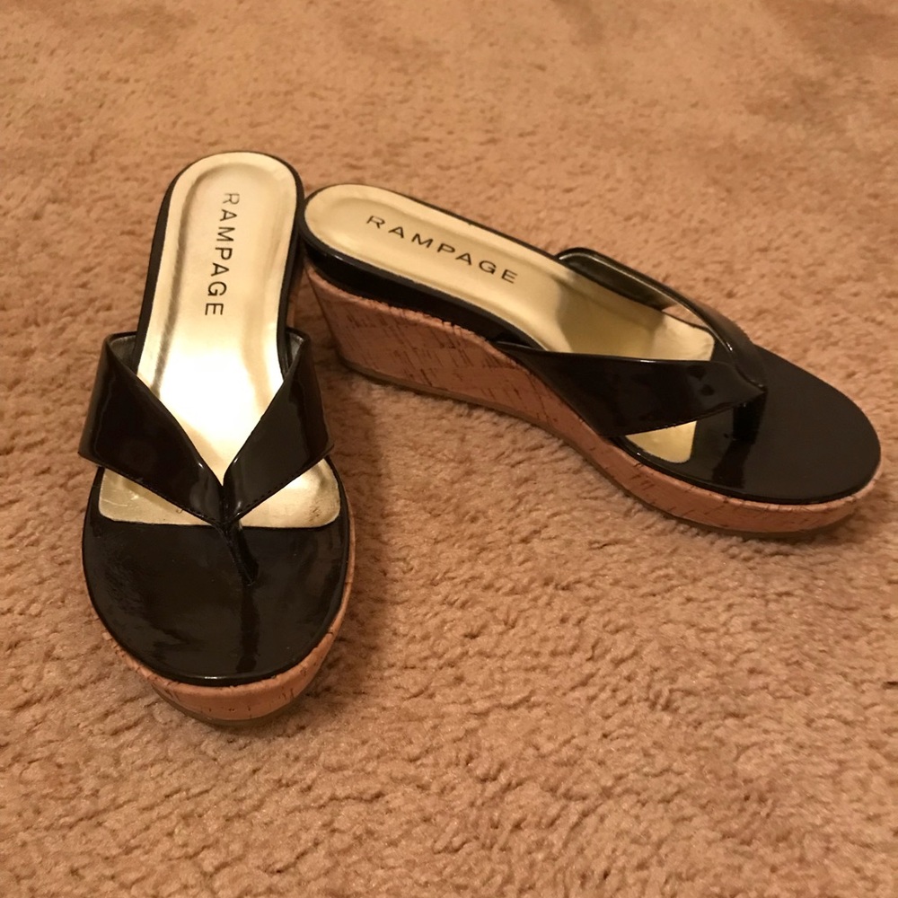 Dark brown patent short wedge heel sandal